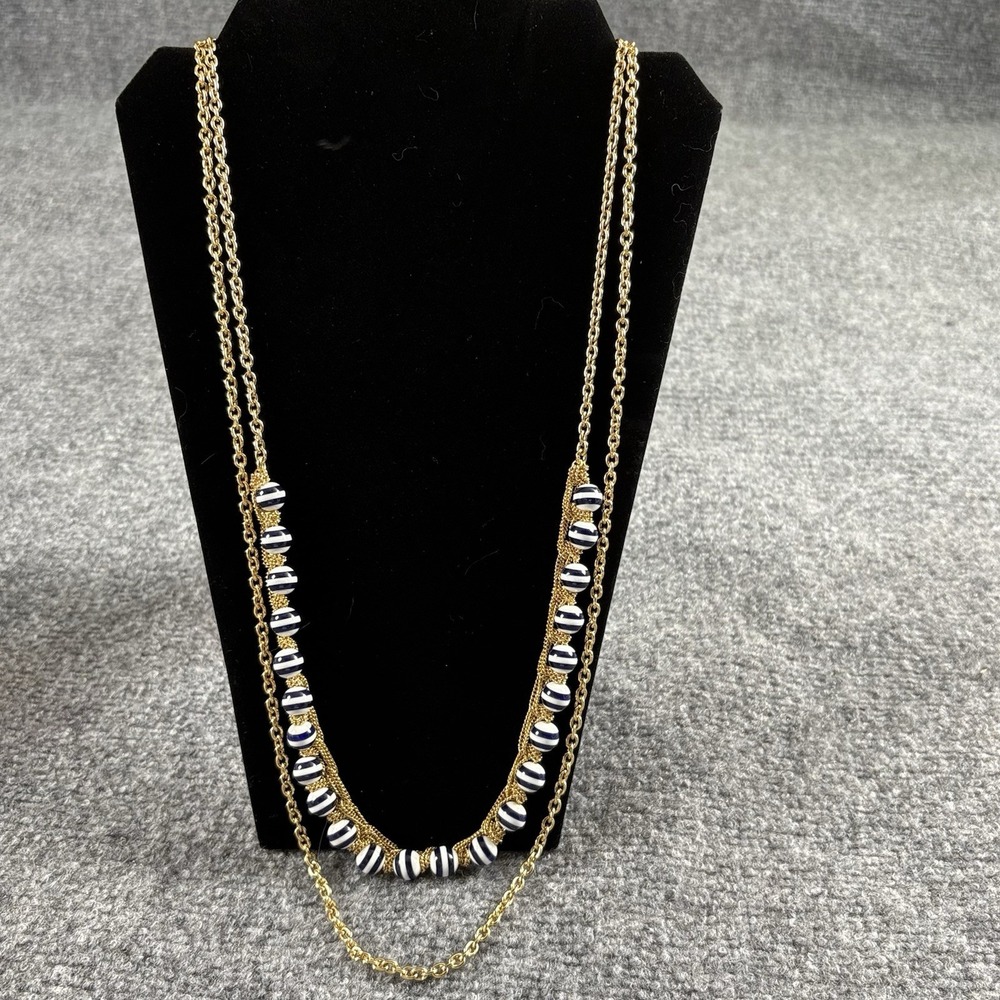 Talbots Necklace Gold Tone Navy White Striped Beaded Double Strand Nautical